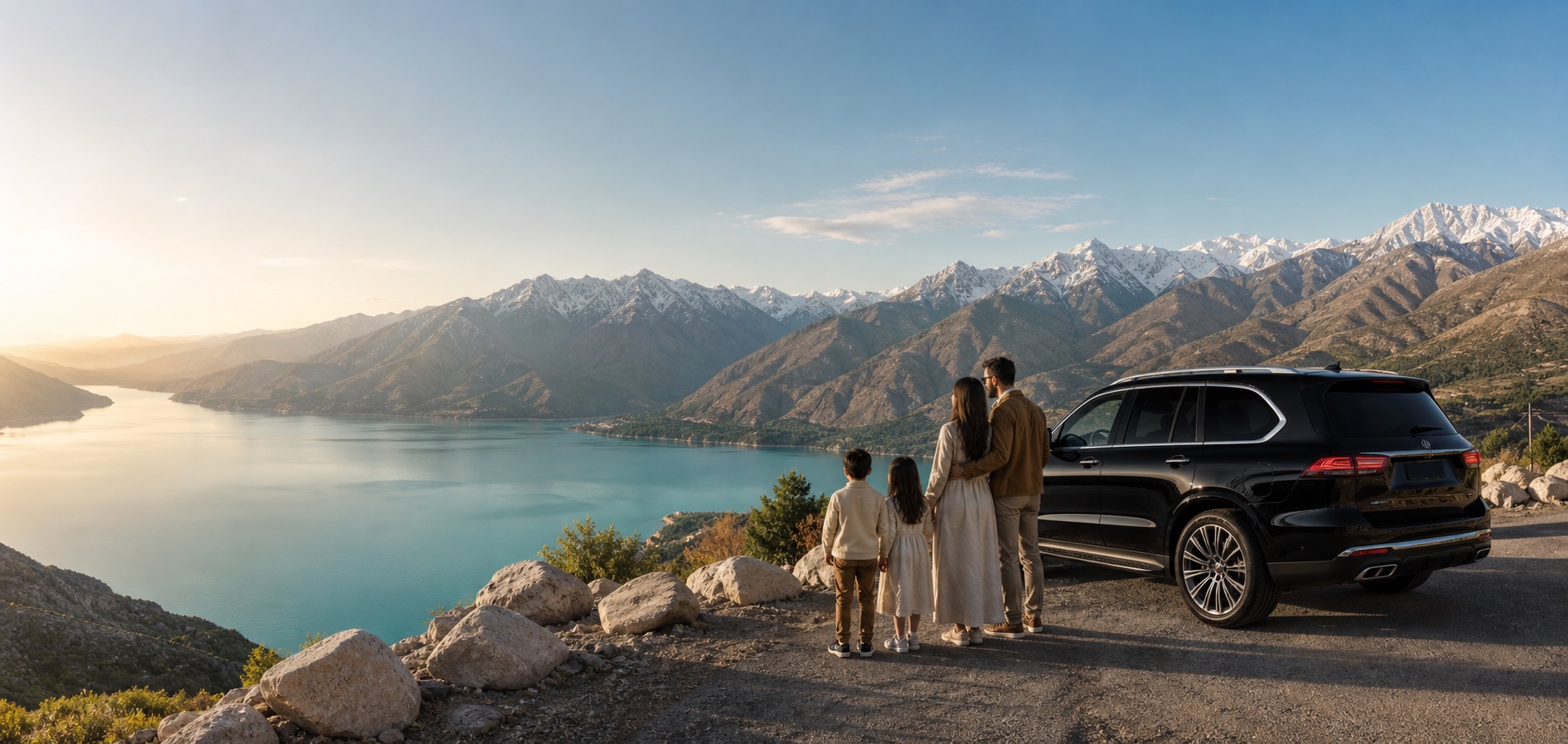 Luxury family nature travel around mountains and lake landscapes in Uzbekistan